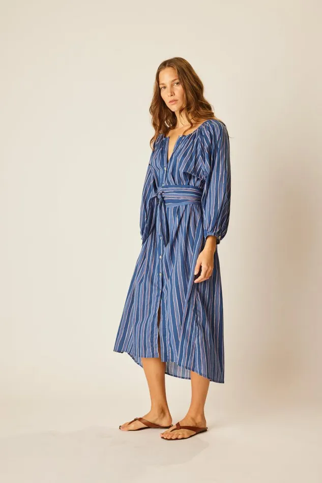 Dresses Shop Natalie Martin ALEX MIDI WITH SASH Batik Stripe Navy