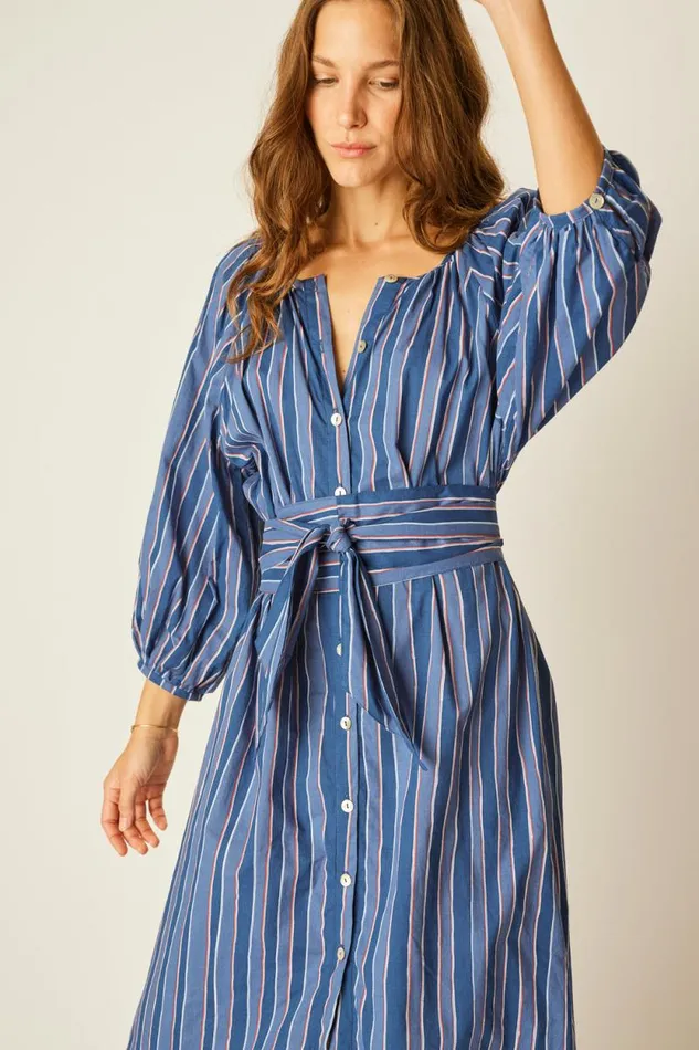 Dresses Shop Natalie Martin ALEX MIDI WITH SASH Batik Stripe Navy