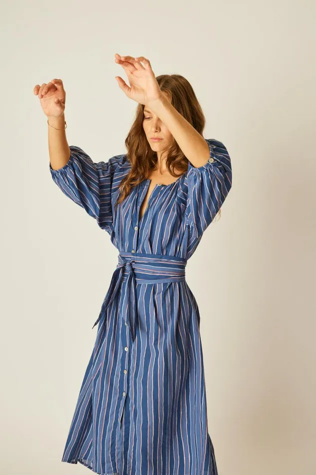 Dresses Shop Natalie Martin ALEX MIDI WITH SASH Batik Stripe Navy