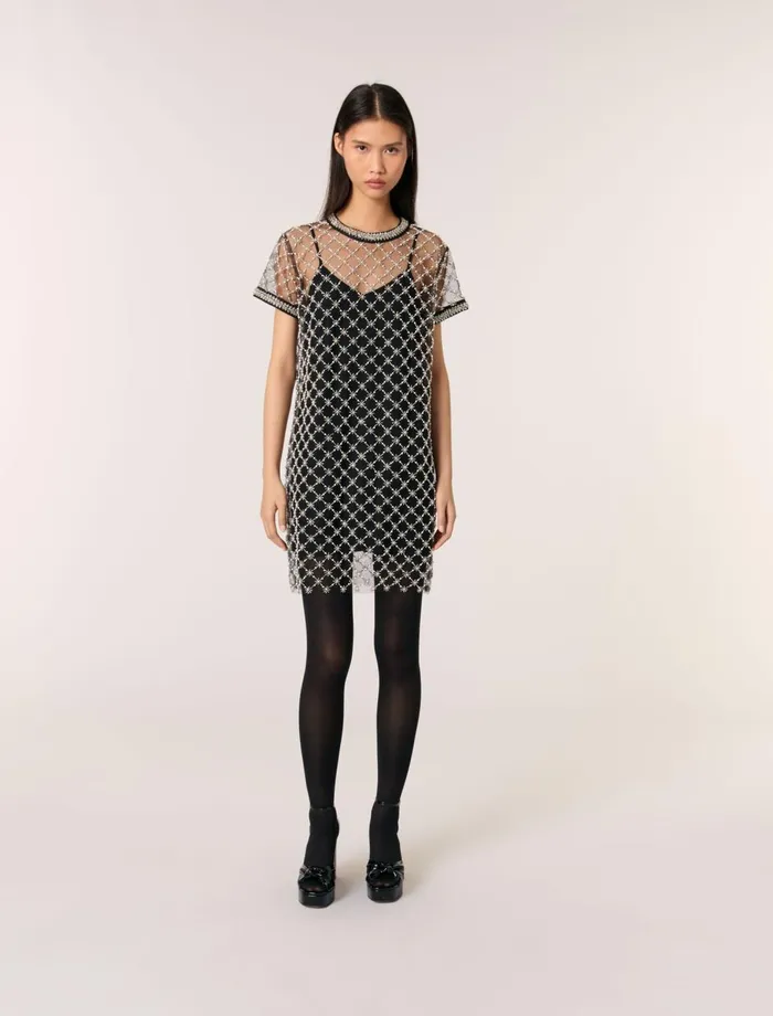 Dresses Women Maje Short Embroidered Tulle Dress Black