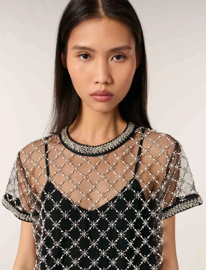 Dresses Women Maje Short Embroidered Tulle Dress Black