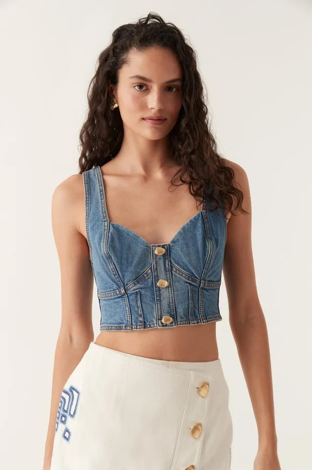 Elena Denim Cropped Bustier 90039s Wash Women Aje Tops