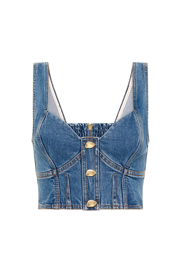 Elena Denim Cropped Bustier 90039s Wash Women Aje Tops