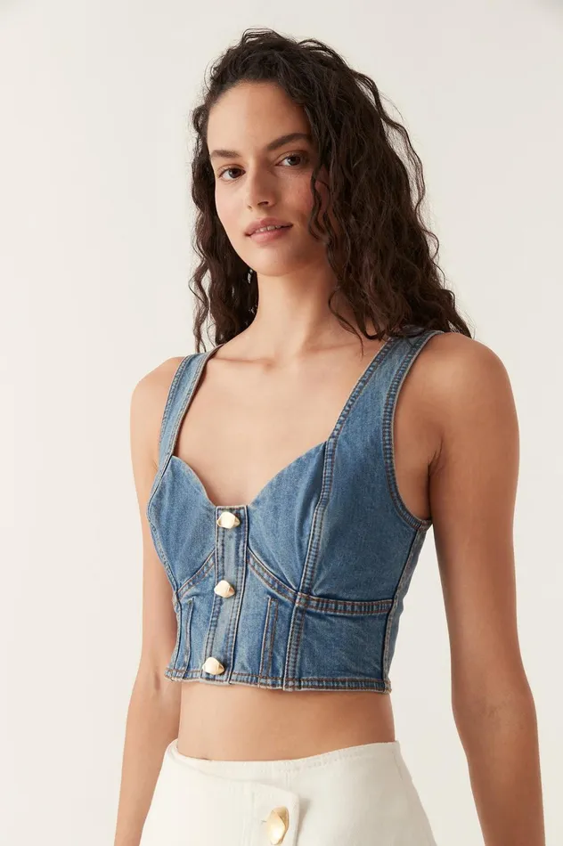 Elena Denim Cropped Bustier 90039s Wash Women Aje Tops