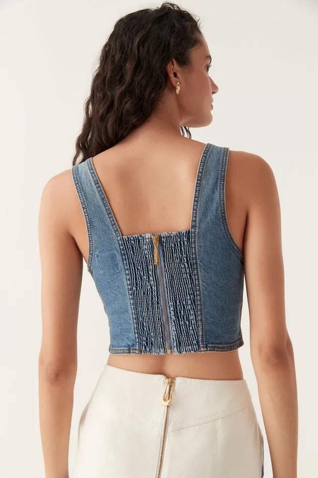 Elena Denim Cropped Bustier 90039s Wash Women Aje Tops