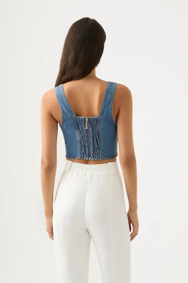 Elena Denim Cropped Bustier 90039s Wash Women Aje Tops