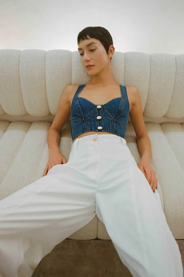 Elena Denim Cropped Bustier 90039s Wash Women Aje Tops