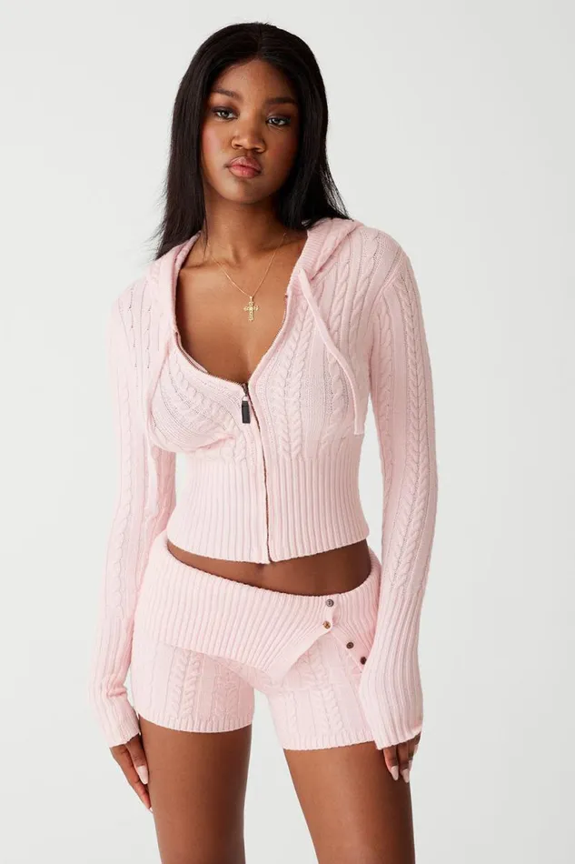 Frankies Bikinis Cloud Knits Women Aimee Cable Cloud Knit Hoodie Rose Quartz