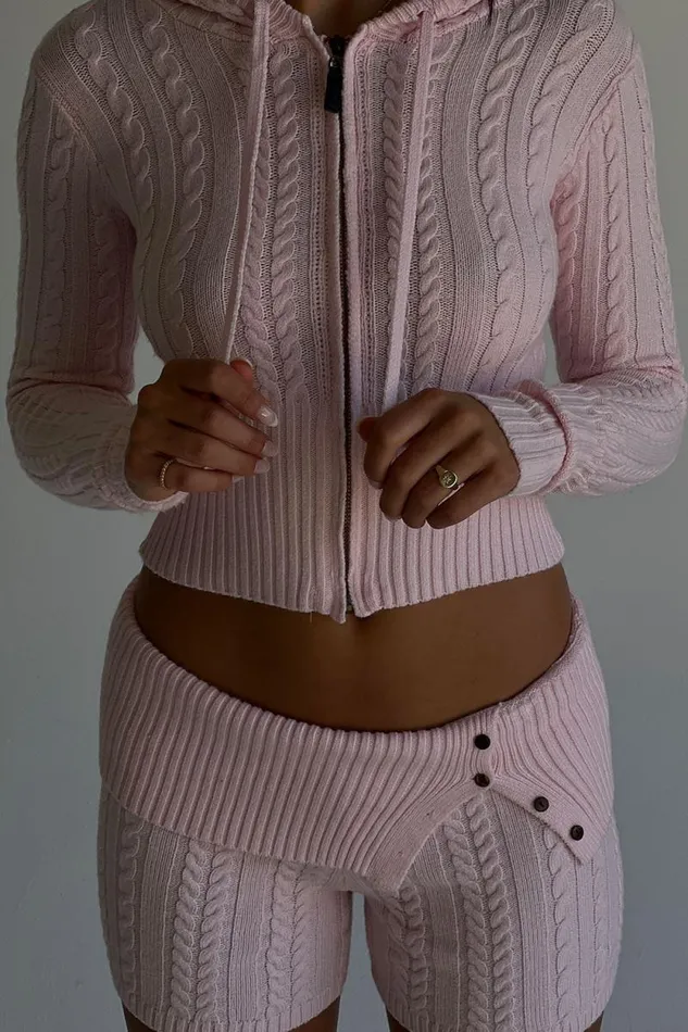 Frankies Bikinis Cloud Knits Women Aimee Cable Cloud Knit Hoodie Rose Quartz