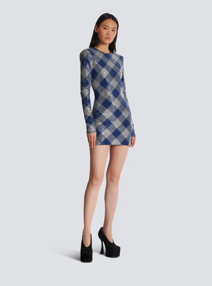 Gingham Rhinestone Dress Navy Women Balmain Dresses