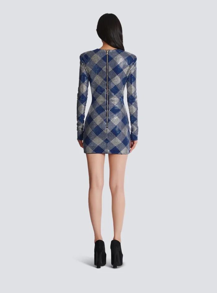 Gingham Rhinestone Dress Navy Women Balmain Dresses