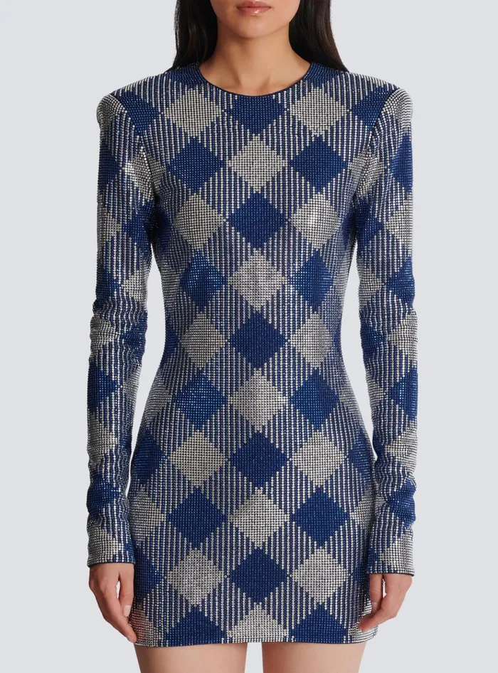 Gingham Rhinestone Dress Navy Women Balmain Dresses