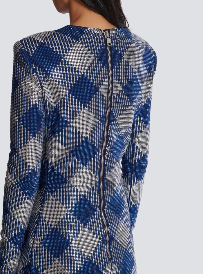Gingham Rhinestone Dress Navy Women Balmain Dresses