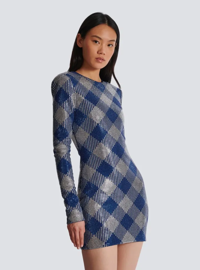 Gingham Rhinestone Dress Navy Women Balmain Dresses