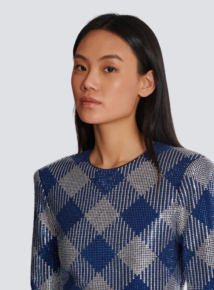 Gingham Rhinestone Dress Navy Women Balmain Dresses
