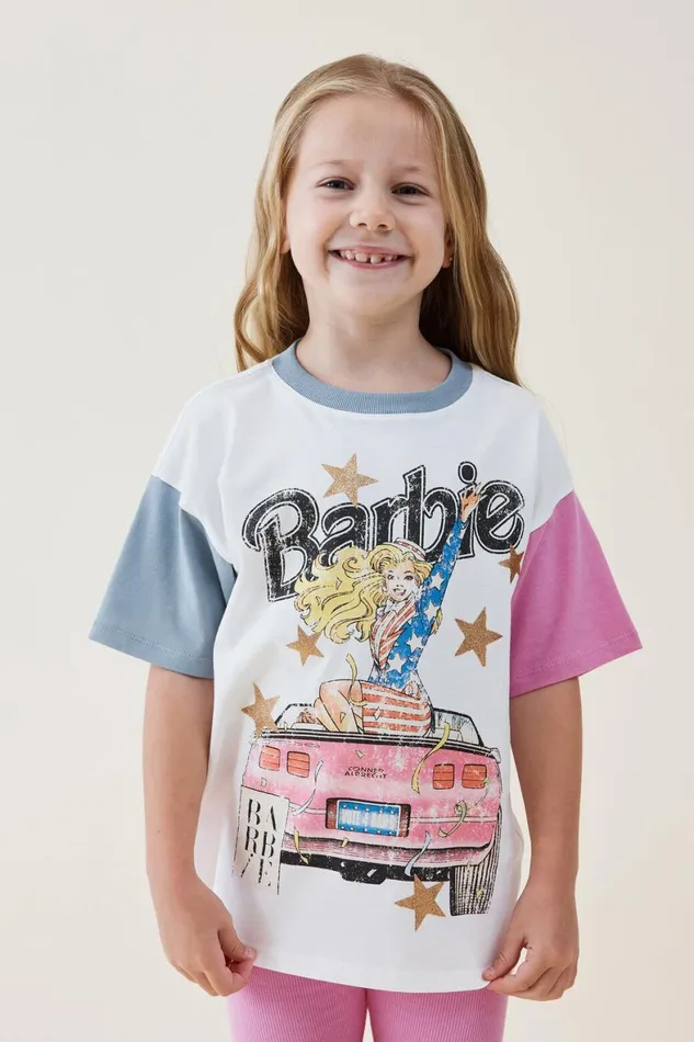 Girls 214 Tops and TShirts Cotton On License Drop Shoulder Short Sleeve Tee Lcn Mat Barbie Americavanilla