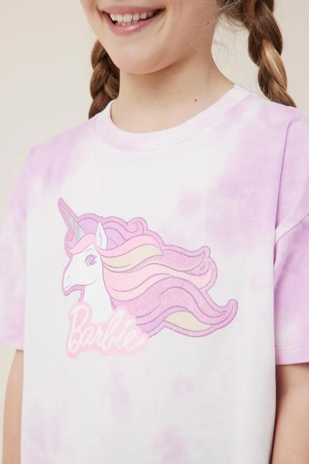 Girls 214 Tops and TShirts Cotton On License Drop Shoulder Short Sleeve Tee Lcn Mat Barbie Unicornpale Violet