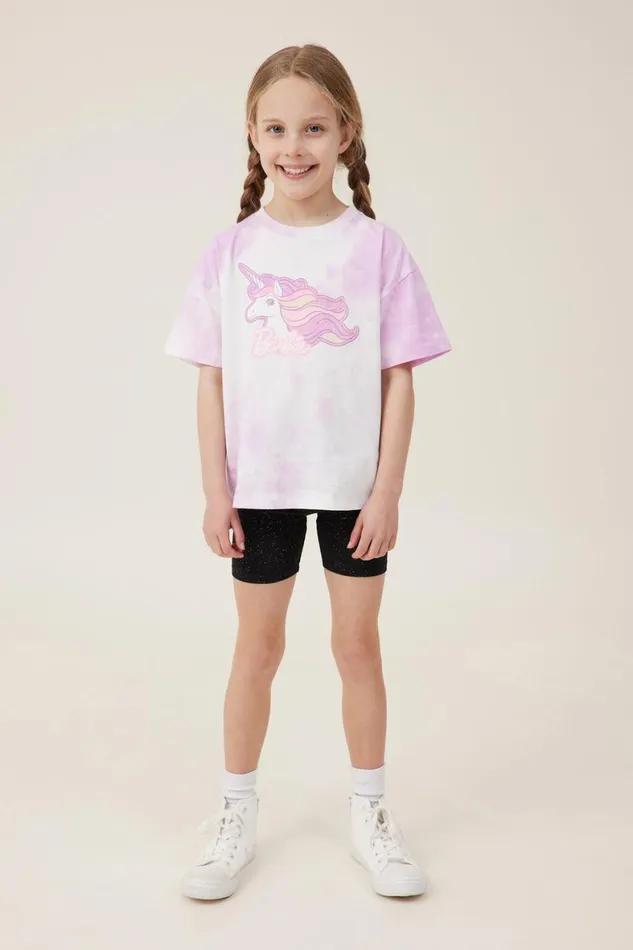 Girls 214 Tops and TShirts Cotton On License Drop Shoulder Short Sleeve Tee Lcn Mat Barbie Unicornpale Violet