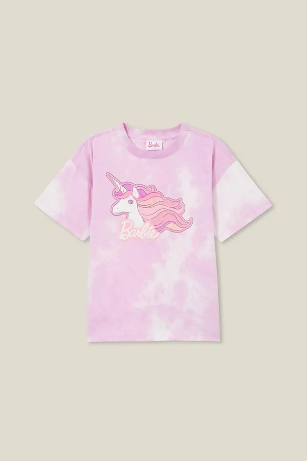 Girls 214 Tops and TShirts Cotton On License Drop Shoulder Short Sleeve Tee Lcn Mat Barbie Unicornpale Violet