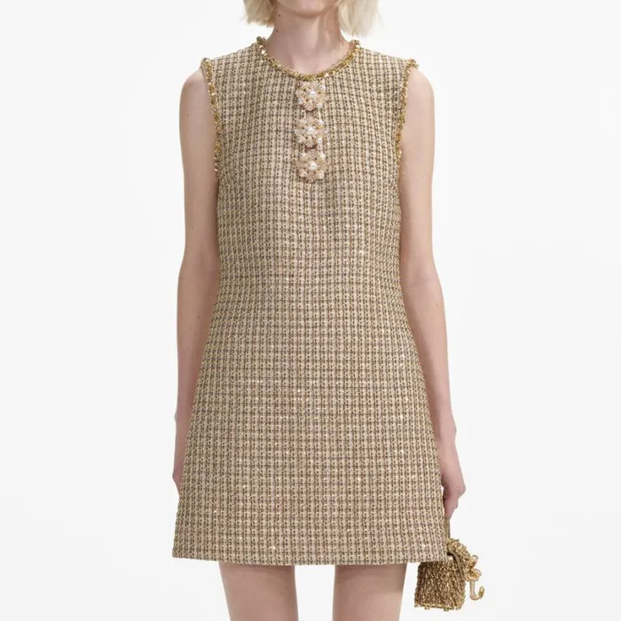Gold Boucle Embellished Mini Dress Women Self Portrait Dresses