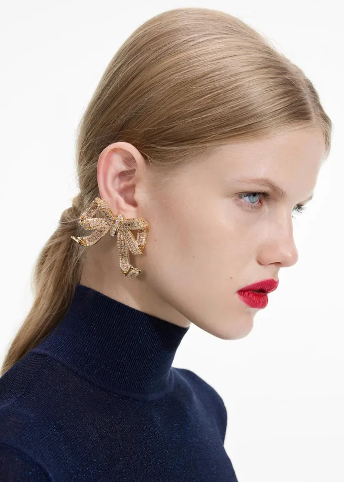 Gold Crystal Bow Earrings Women Self Portrait Jewellery Gold Crystal Bow Earrings Women Self Portrait Jewellery