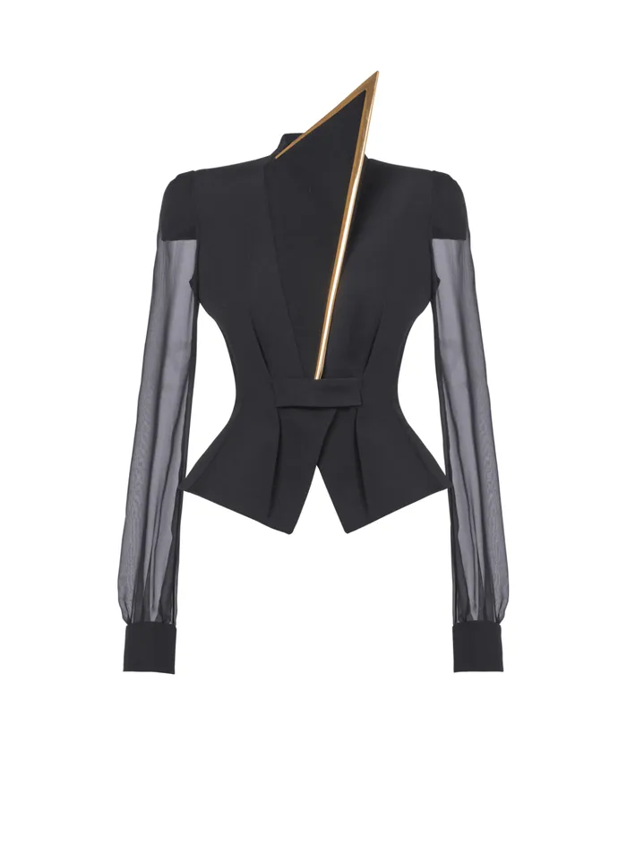 Grain De Poudre And Chiffon Jacket Black Women Balmain Jackets And Blazers