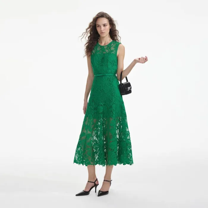 Green Lace Sleeveless Midi Dress Women Self Portrait Dresses