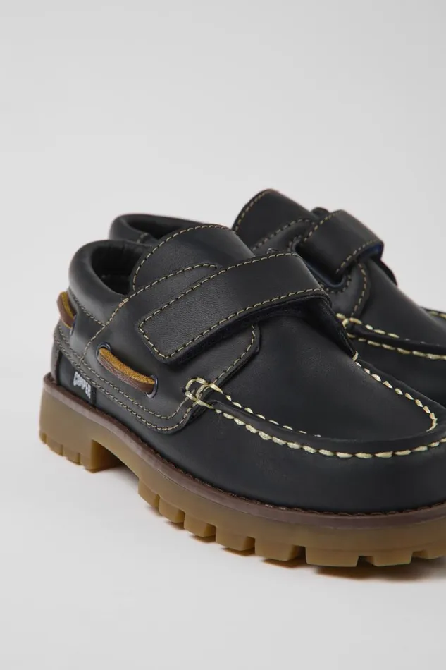 Hook And Loop Kids Camper Compas Dark Blue Leather Shoes