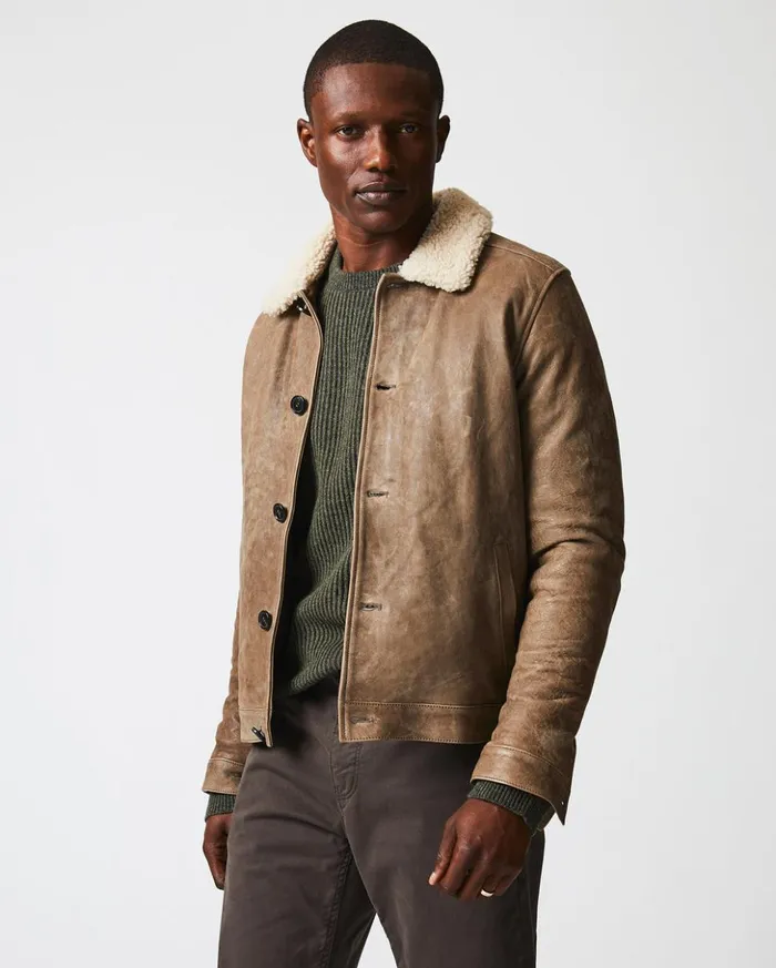 Jackets and Outerwear Men Billy Reid Bishop Leather Jacket Taupe