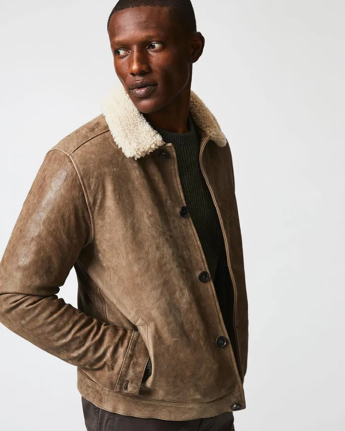Jackets and Outerwear Men Billy Reid Bishop Leather Jacket Taupe