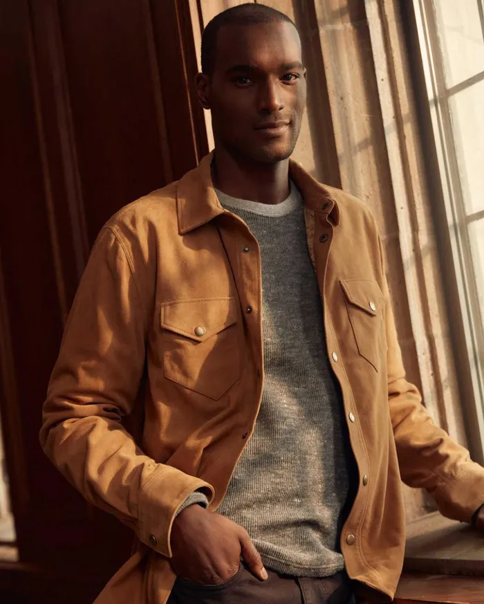 Jackets and Outerwear Men Billy Reid Savoy Suede Workshirt Camel