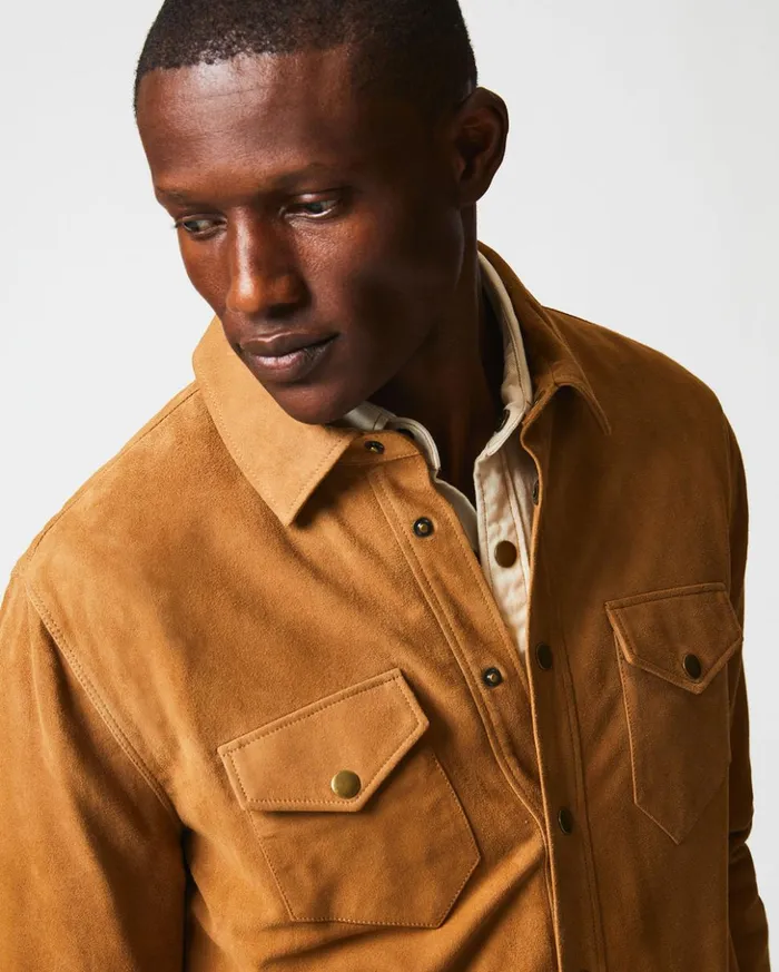 Jackets and Outerwear Men Billy Reid Savoy Suede Workshirt Camel