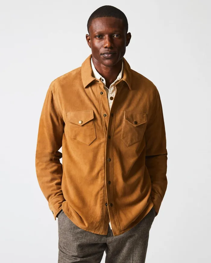 Jackets and Outerwear Men Billy Reid Savoy Suede Workshirt Camel