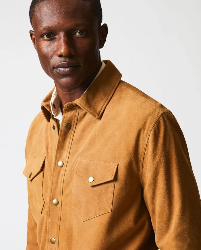 Jackets and Outerwear Men Billy Reid Savoy Suede Workshirt Camel