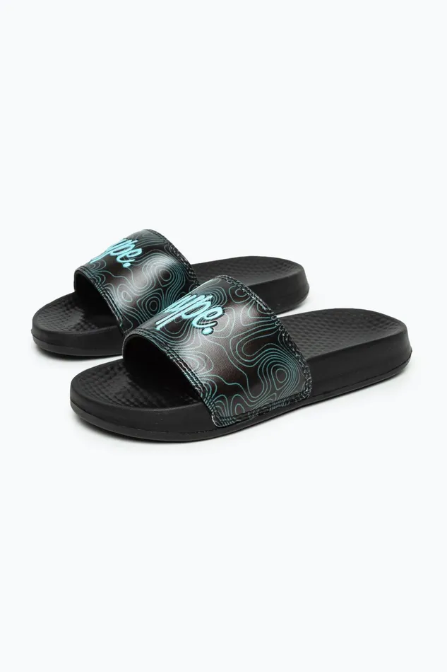 Just Hype Footwear Hype Kids Unisex Black Topographic Mini Script Sliders