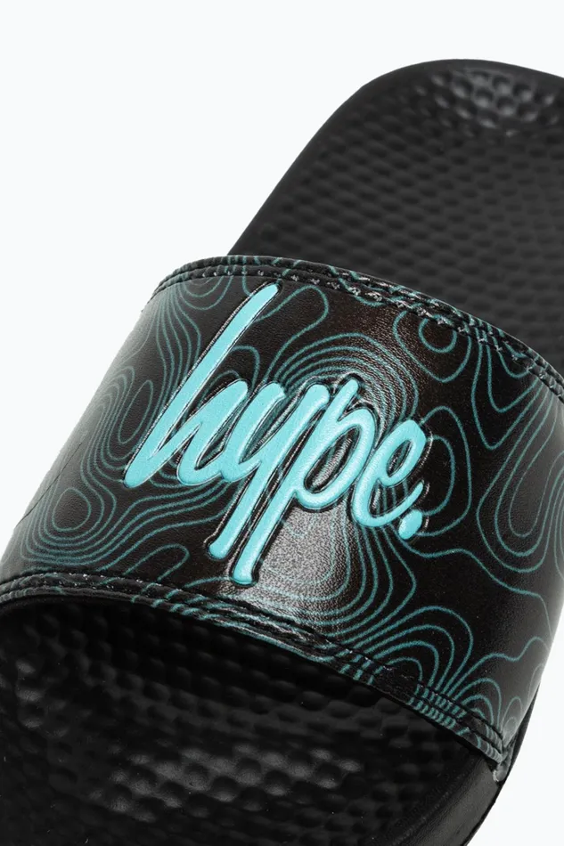 Just Hype Footwear Hype Kids Unisex Black Topographic Mini Script Sliders