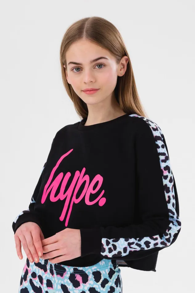 Just Hype Sweatshirts Hype Girls Blue Ice Leopard Script Crop Crew Neck