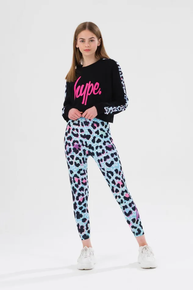 Just Hype Sweatshirts Hype Girls Blue Ice Leopard Script Crop Crew Neck