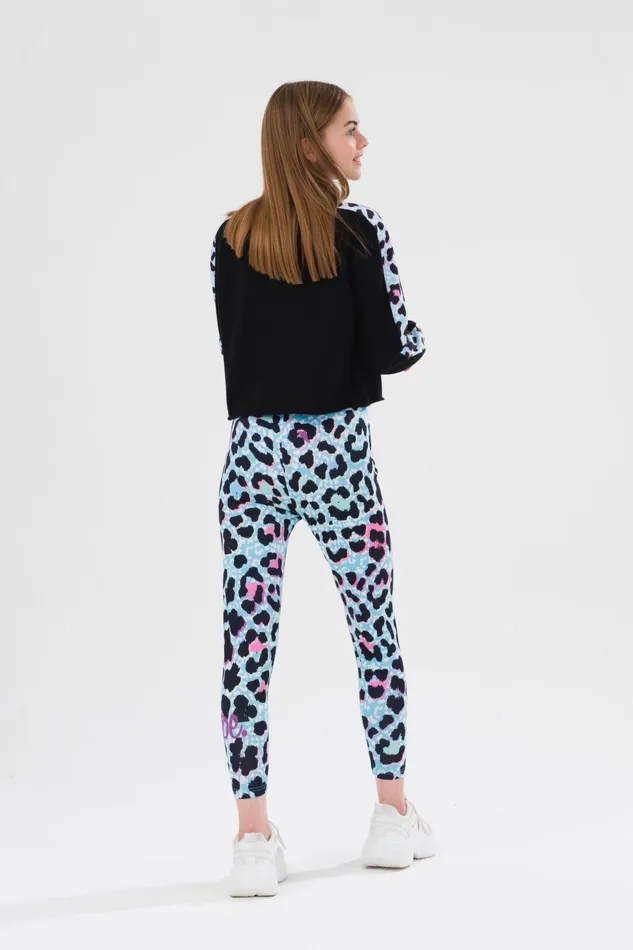 Just Hype Sweatshirts Hype Girls Blue Ice Leopard Script Crop Crew Neck