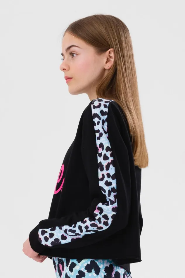 Just Hype Sweatshirts Hype Girls Blue Ice Leopard Script Crop Crew Neck