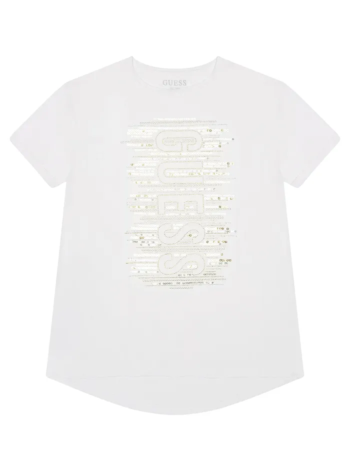 Kids Big Girl GUESS White Sequined Logo Tshirt 716