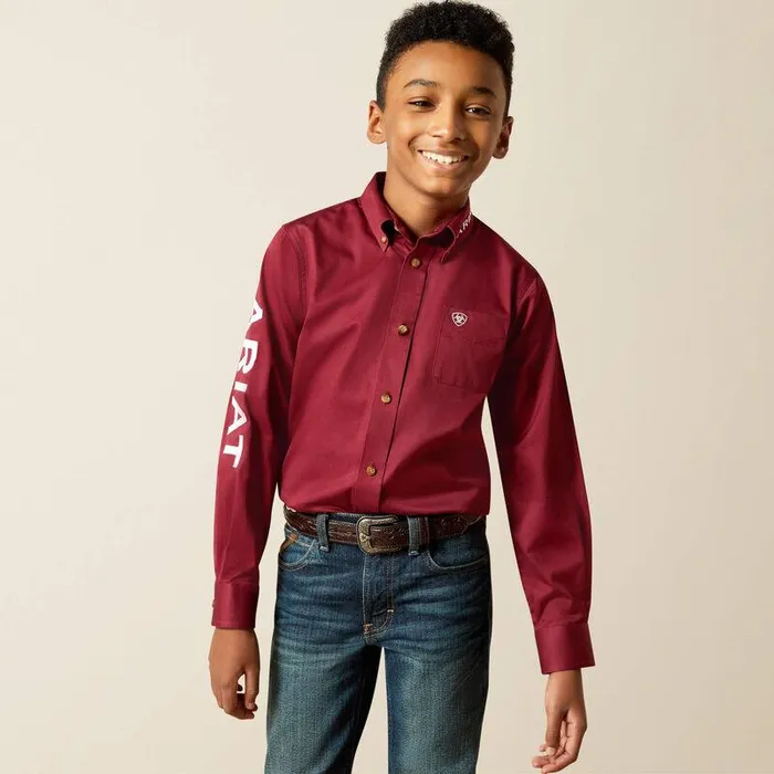Kids Button Down Shirts Ariat Team Logo Twill Classic Fit Shirt Burgundyandwhite