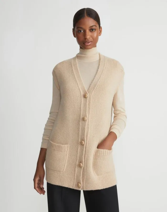 Lafayette 148 New York Camel Hair Chainette Button Sweater Vest Natural Ready To Wear Sweaters and Knits