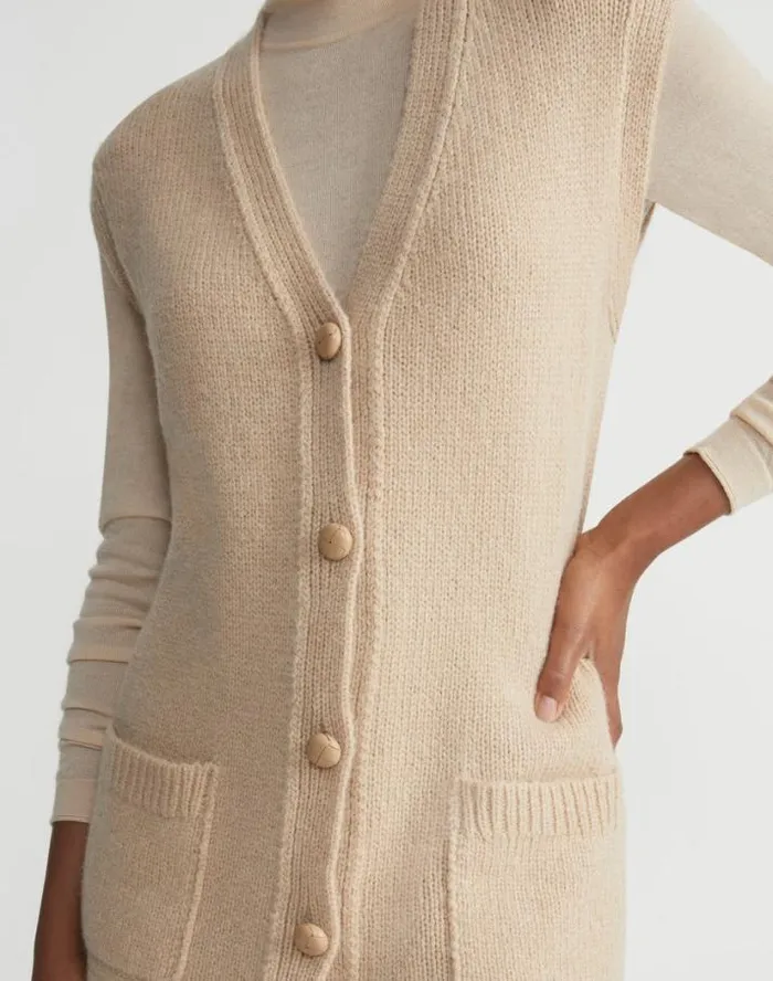Lafayette 148 New York Camel Hair Chainette Button Sweater Vest Natural Ready To Wear Sweaters and Knits