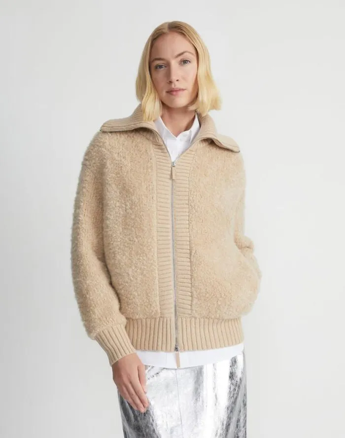 Lafayette 148 New York Camel HairSilk Boucl Collared Cardigan Natural Ready To Wear Sweaters and Knits