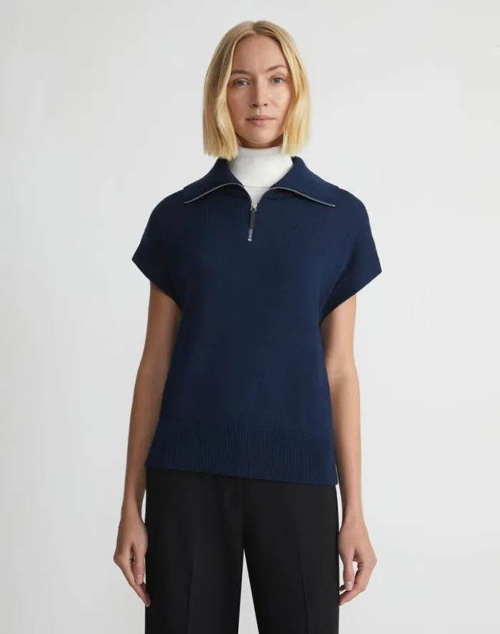 Lafayette 148 New York CottonSilk Tape Half Zip Sweater Midnight Blue Ready To Wear Sweaters and Knits