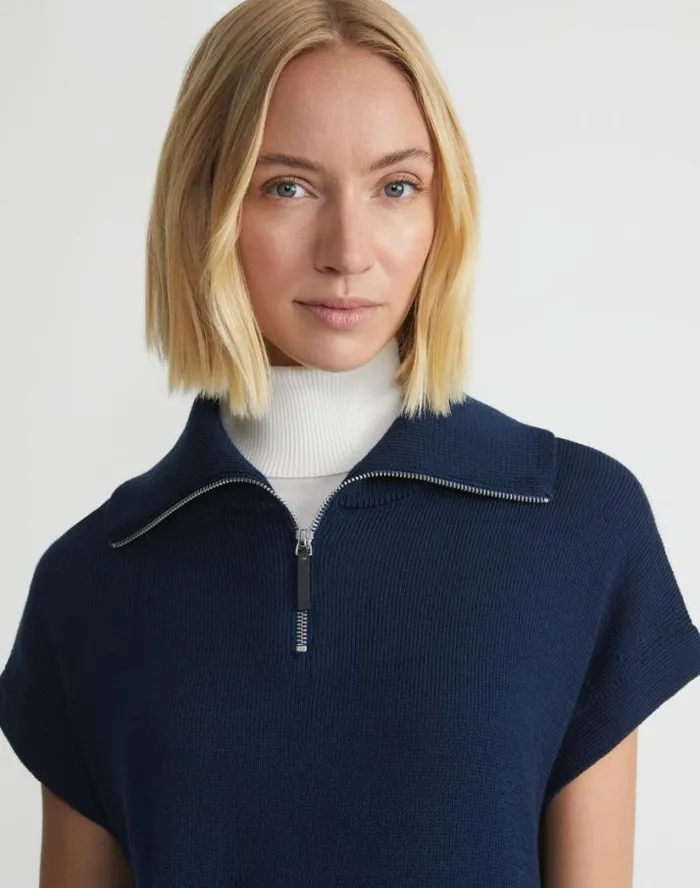 Lafayette 148 New York CottonSilk Tape Half Zip Sweater Midnight Blue Ready To Wear Sweaters and Knits