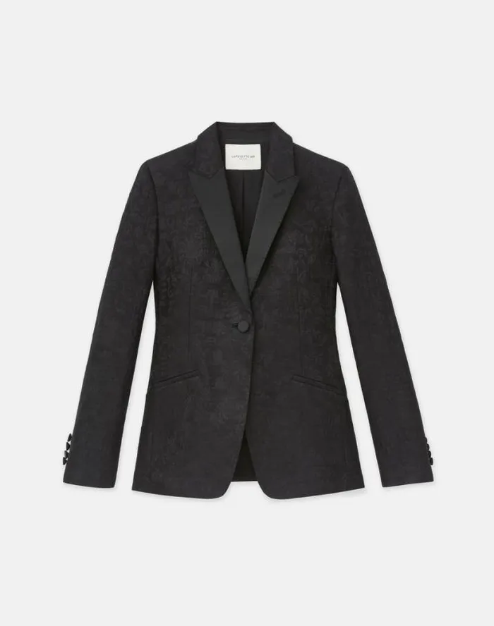 Lafayette 148 New York Flora Bloom Jacquard WoolSilk Satin Lapel Blazer Black Ready To Wear Jackets and Blazers
