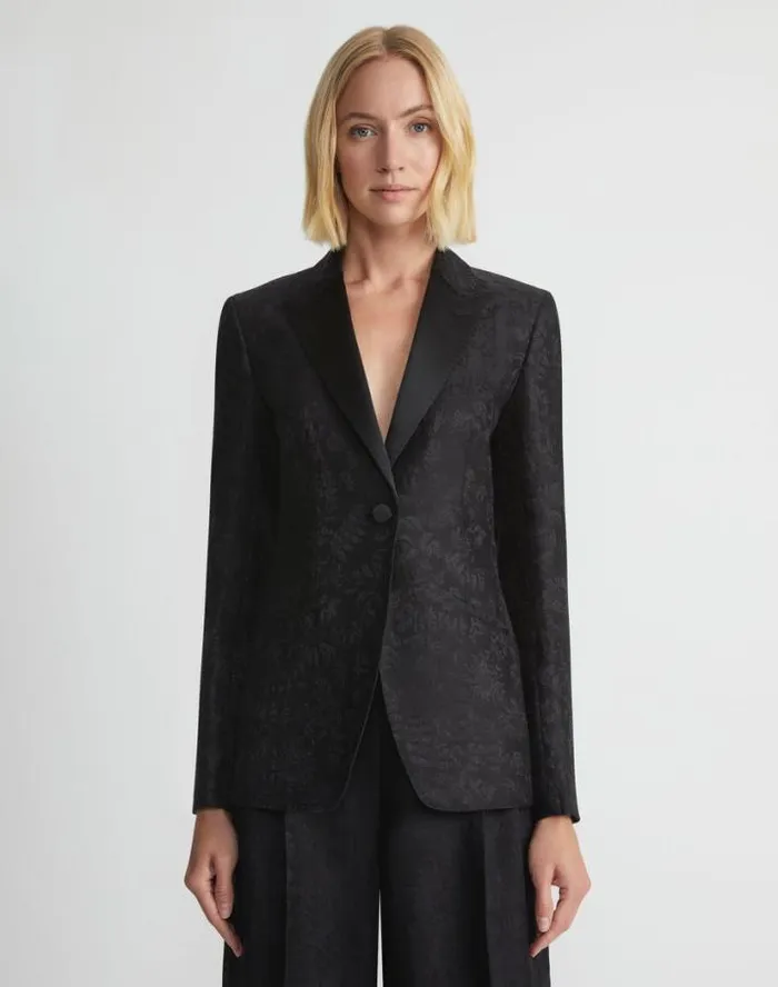 Lafayette 148 New York Flora Bloom Jacquard WoolSilk Satin Lapel Blazer Black Ready To Wear Jackets and Blazers