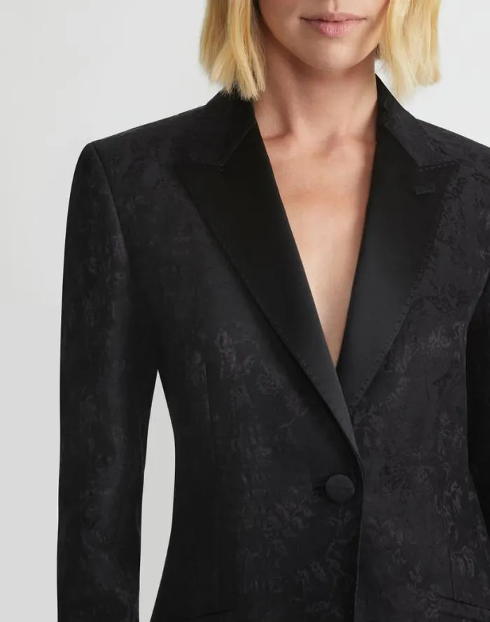 Lafayette 148 New York Flora Bloom Jacquard WoolSilk Satin Lapel Blazer Black Ready To Wear Jackets and Blazers